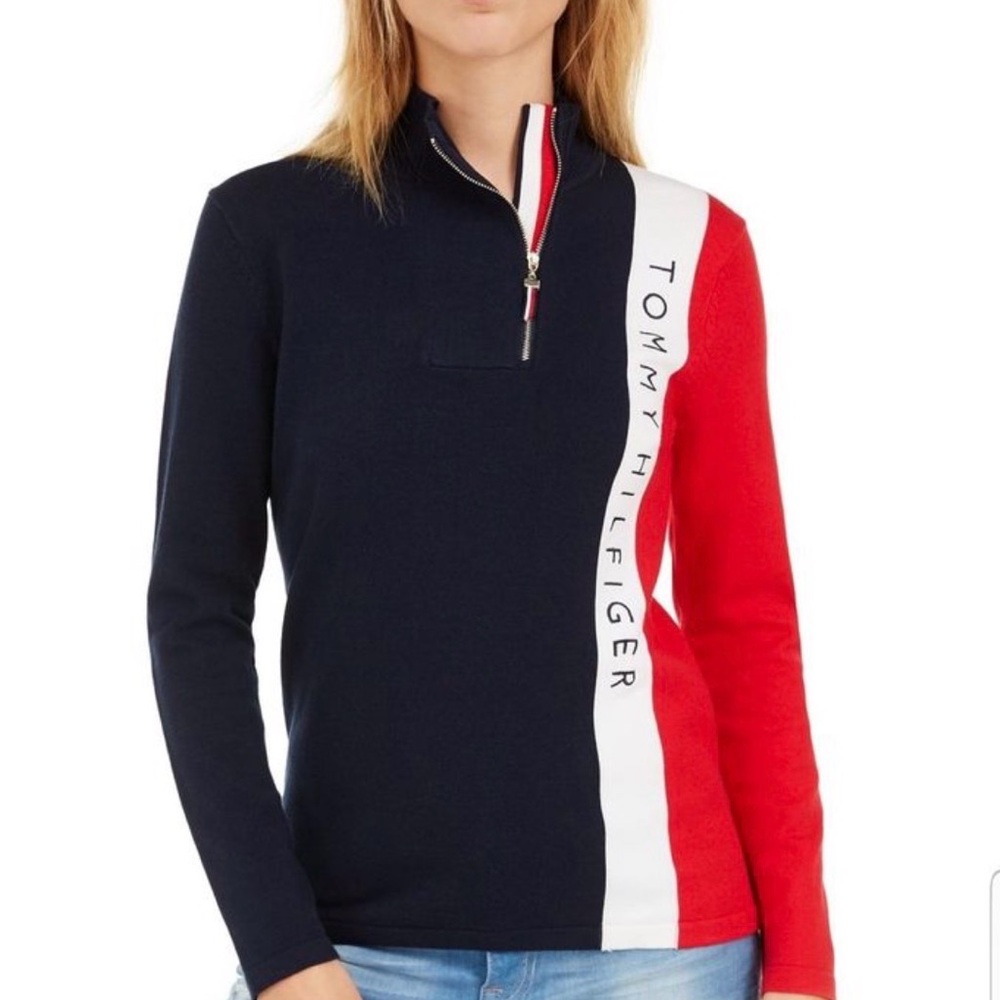 TOMMY HILFIGER Red White & Blue Women  Quarter-Zip Pullover gold zip worn 1x 🇺🇸